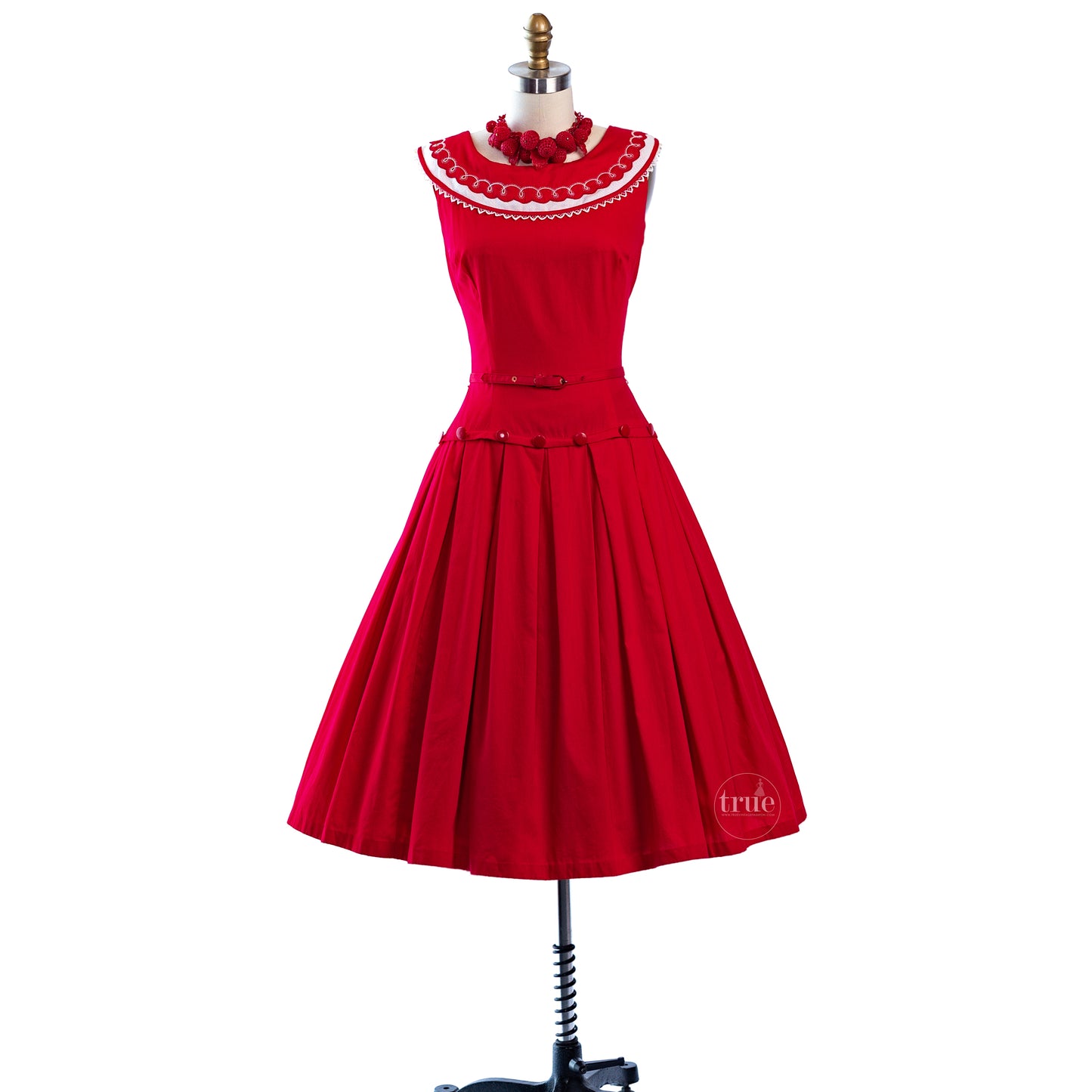 vintage 1950's red & white cotton LASSO embroidered dress