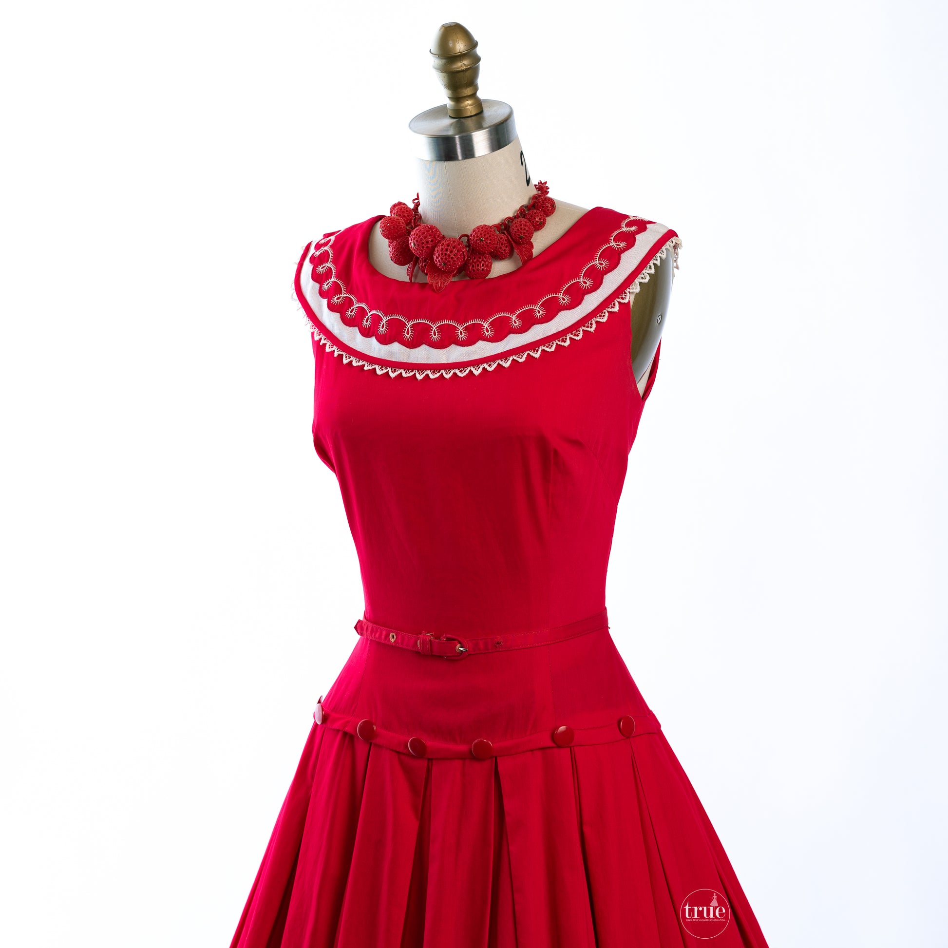 vintage 1950's red & white cotton LASSO embroidered dress