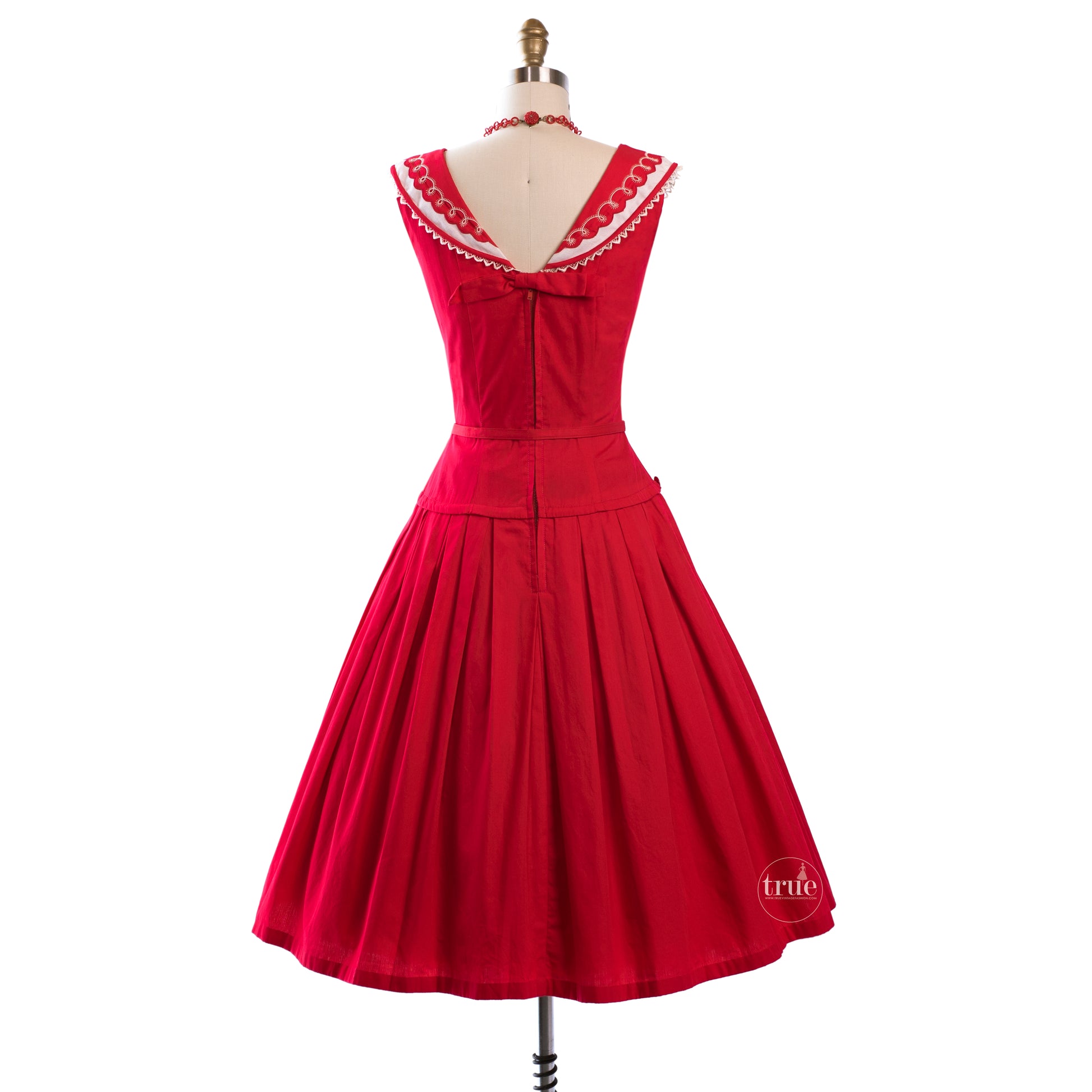 vintage 1950's red & white cotton LASSO embroidered dress