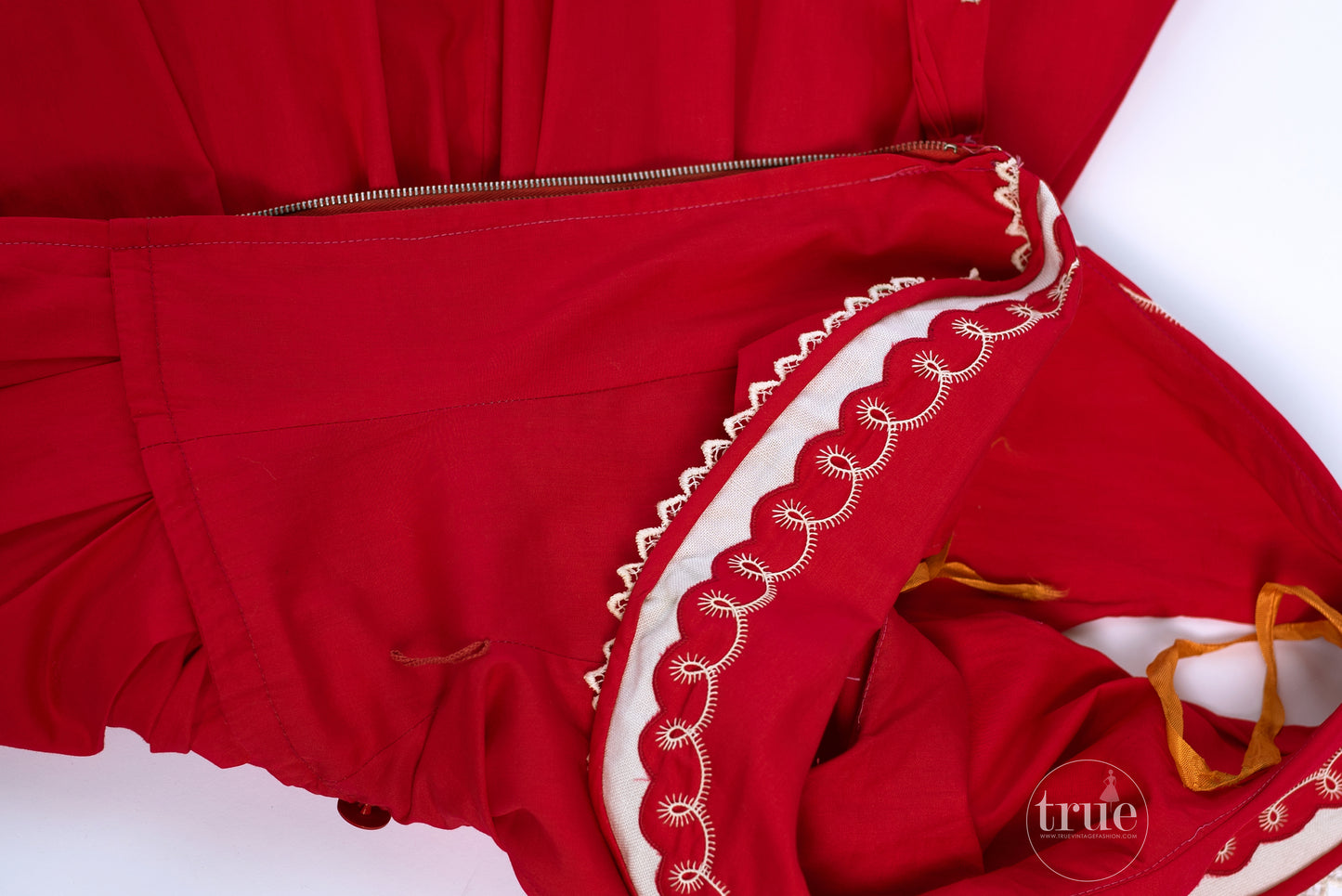 1940's red & white cotton lasso embroidered dress