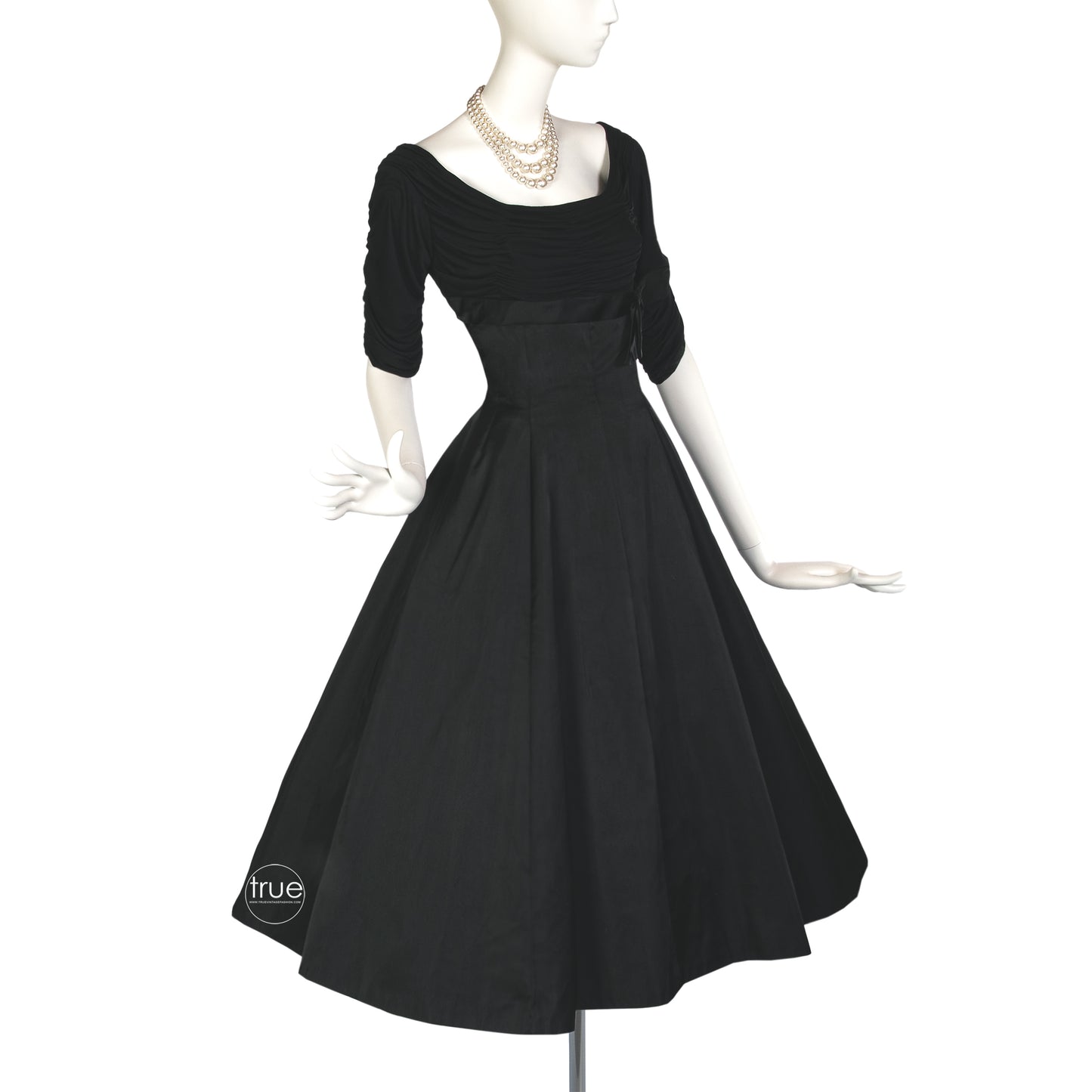 vintage 1950's dress ...classic black shirred bodice &  matte satin dress
