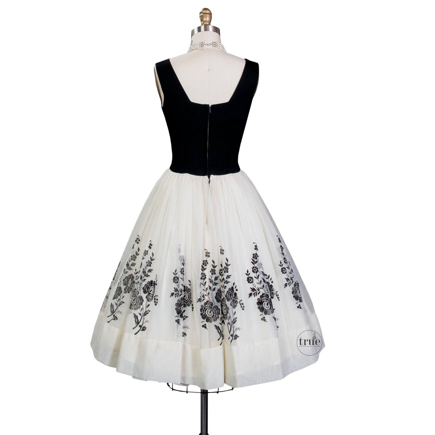 vintage 1950's dress ...fluffy embroidered cream chiffon 3 layer skirt and crepe bodice