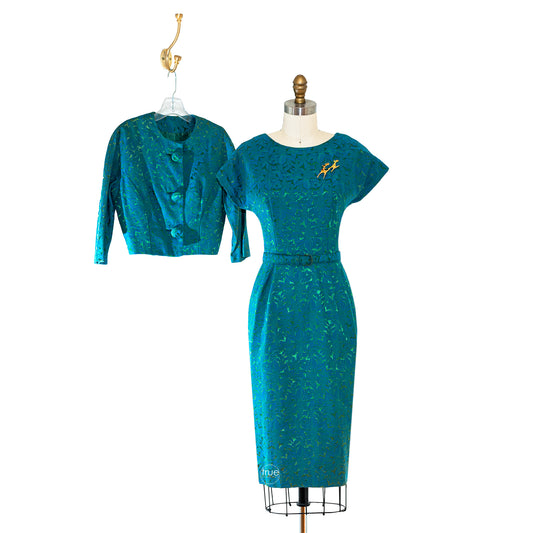 vintage 1950's dress ...lovely sapphire blue & emerald green brocade dress and jacket