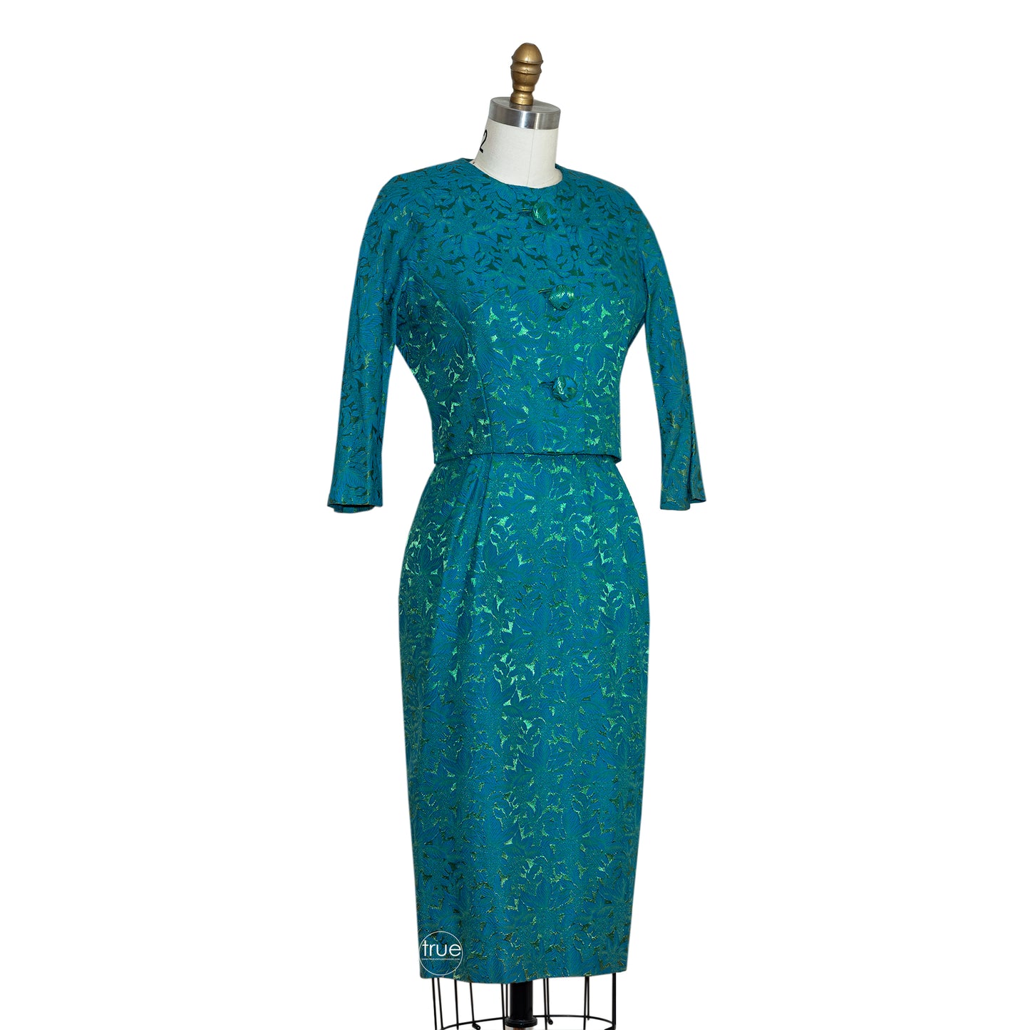 vintage 1950's dress ...lovely sapphire blue & emerald green brocade dress and jacket