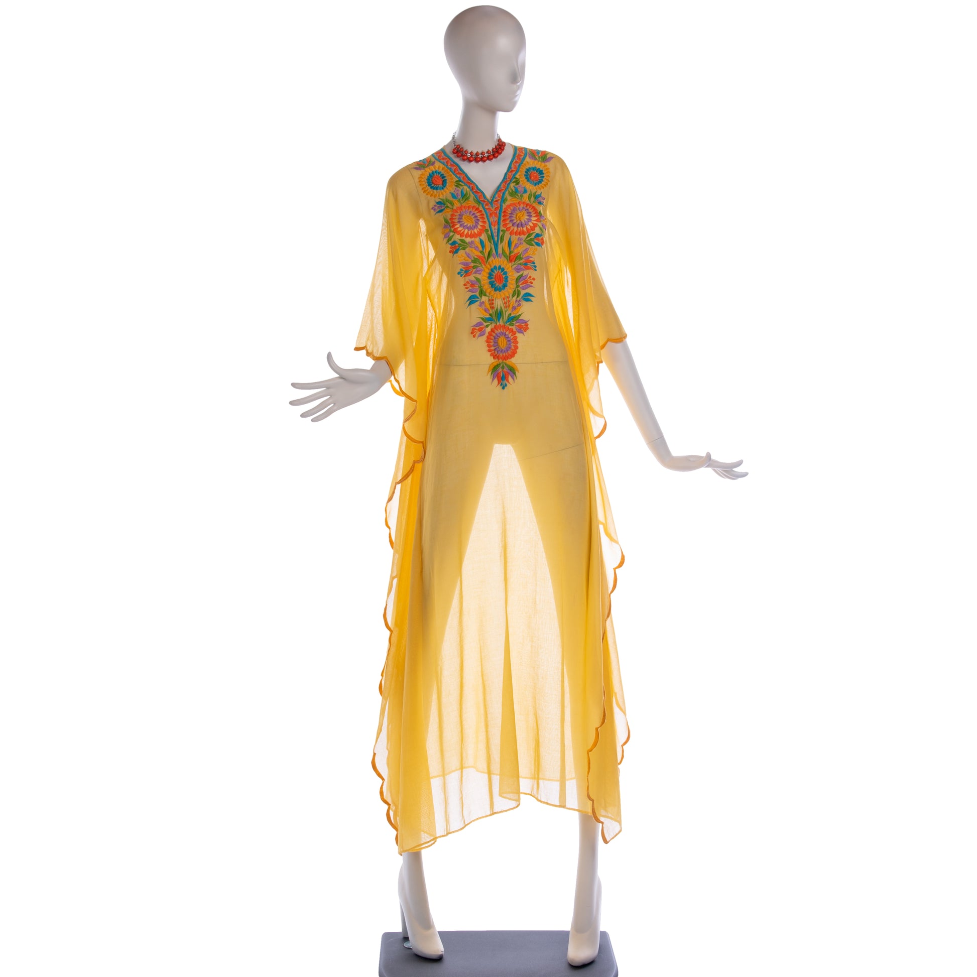 vintage 1970's embroidered yellow gauze festival caftan dress