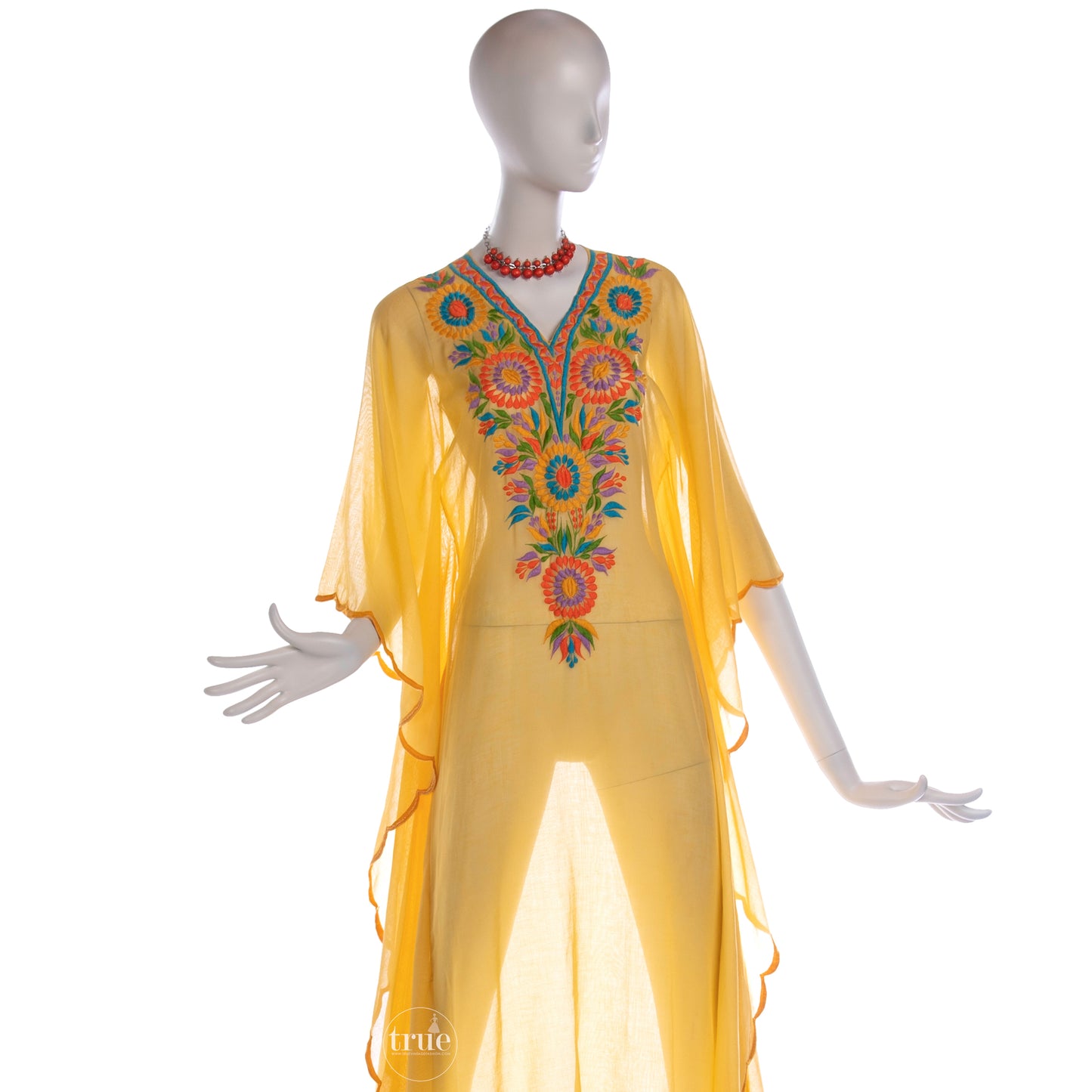 1970's embroidered yellow gauze festival caftan dress