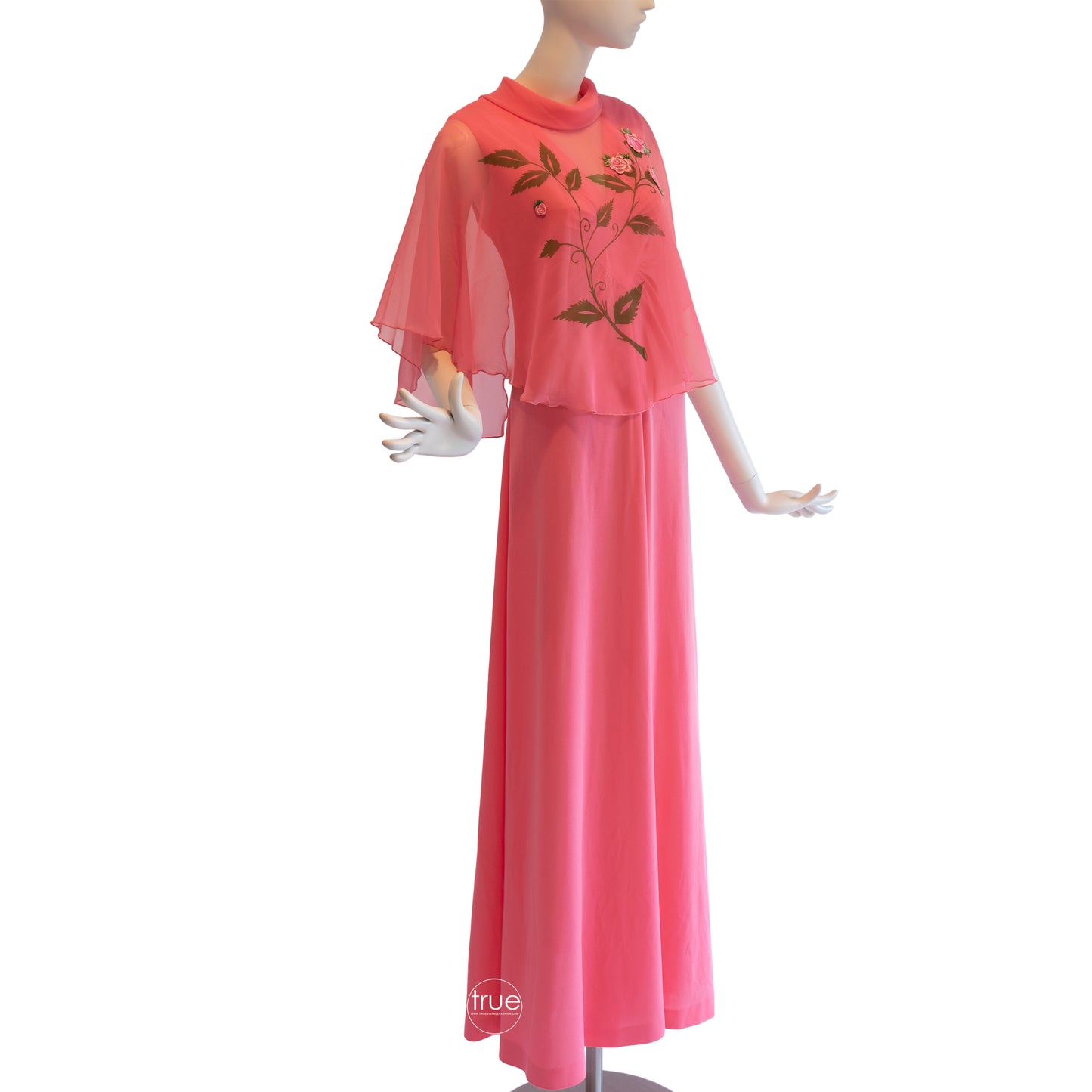 vintage 1970's dress ...slinky coral dream maxi dress with sheer capelet