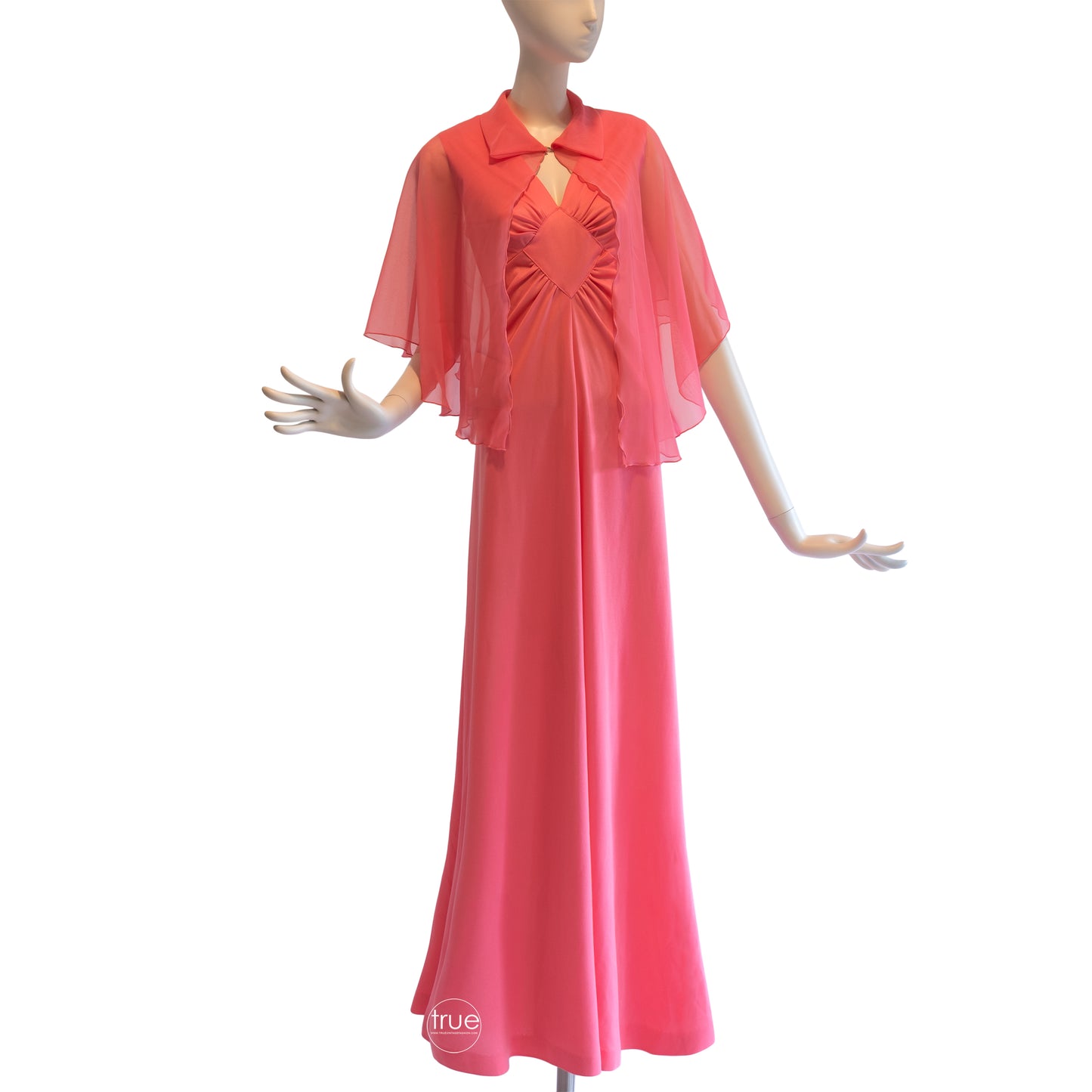 vintage 1970's dress ...slinky coral dream maxi dress with sheer capelet