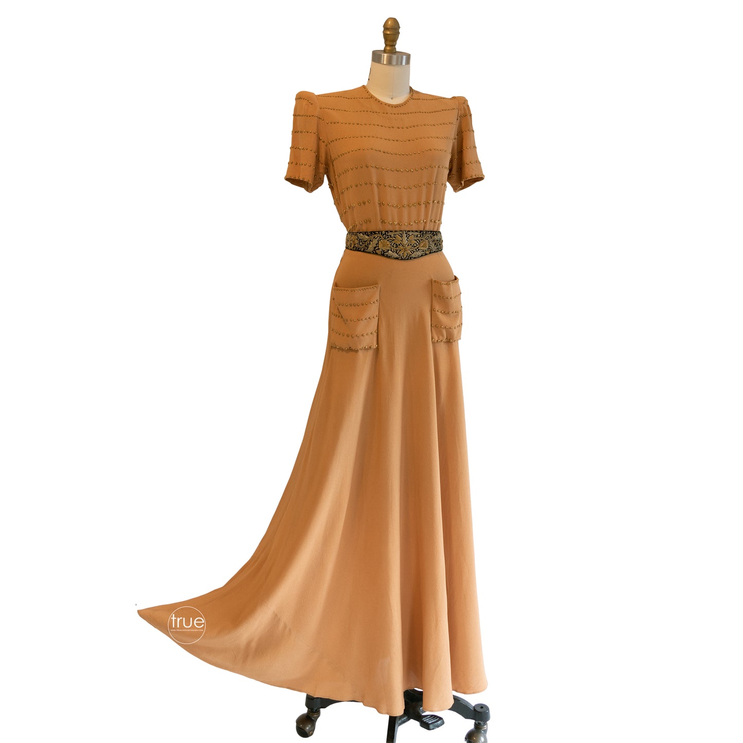 vintage 1930's dress ...golden crepe brass studded dress w/ POCKETS!