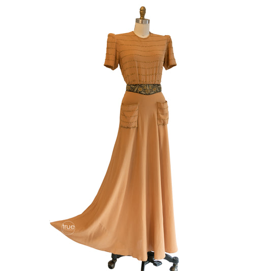 vintage 1930's dress ...golden crepe brass studded dress w/ POCKETS!