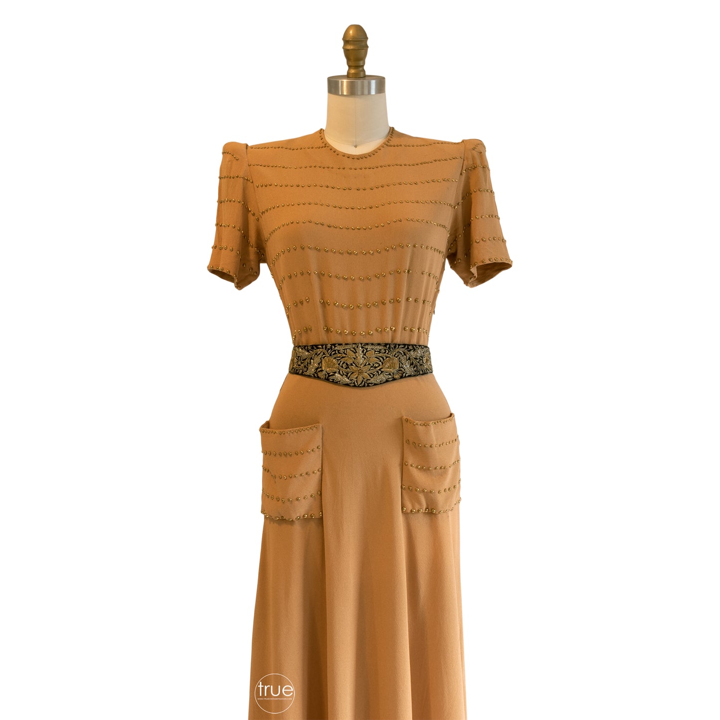vintage 1930's dress ...golden crepe brass studded dress w/ POCKETS!