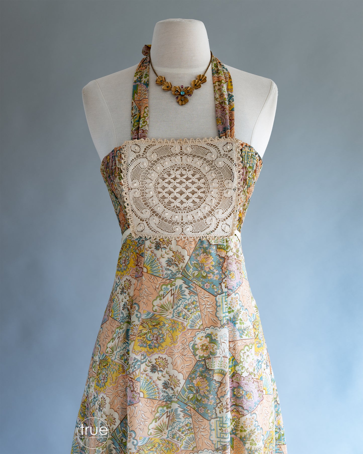 vintage 1970's dress ...best EVER Young Edwardian by Arpeja fan print halter maxi dress