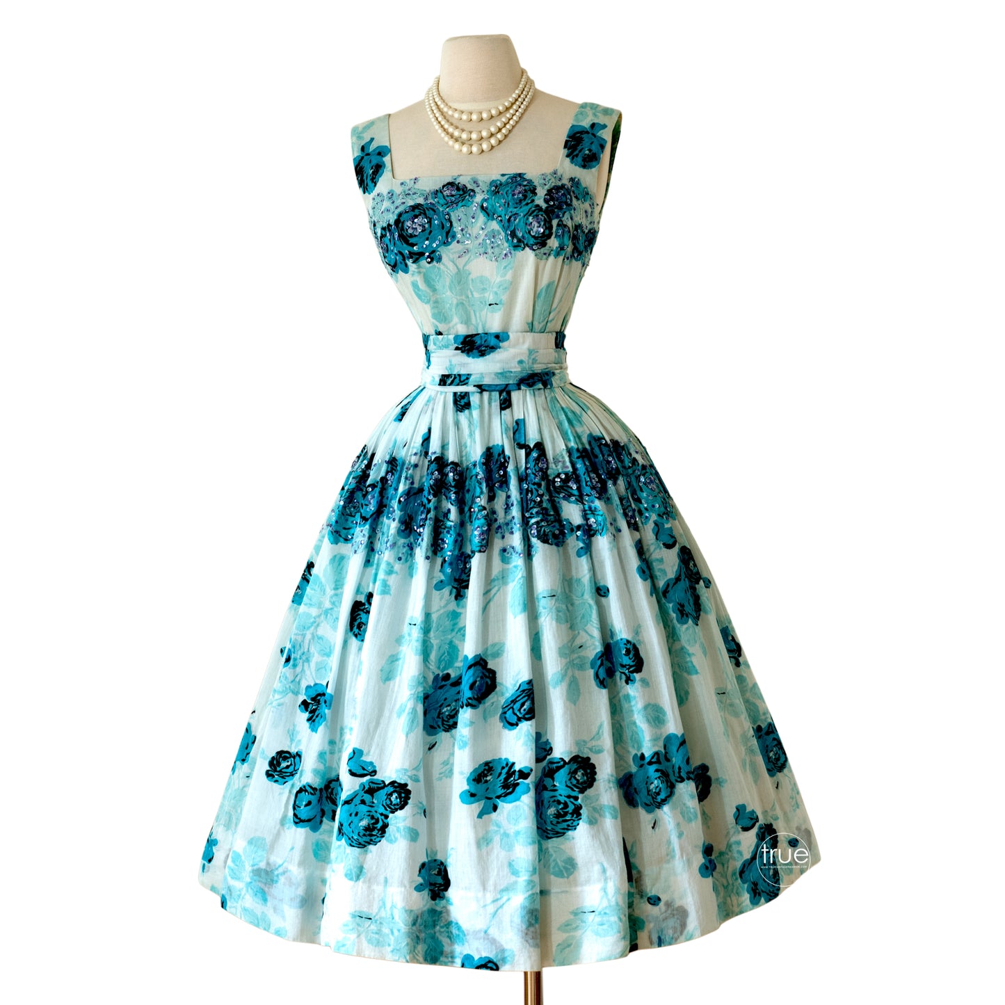 vintage 1950's dress ...exquisite designer ADELE SIMPSON floaty floral with sequins & hand-stitched appliqués