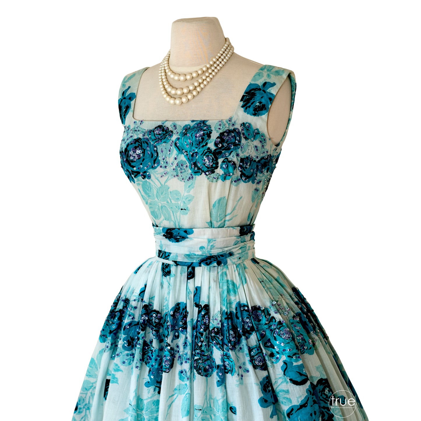 vintage 1950's dress ...exquisite designer ADELE SIMPSON floaty floral with sequins & hand-stitched appliqués