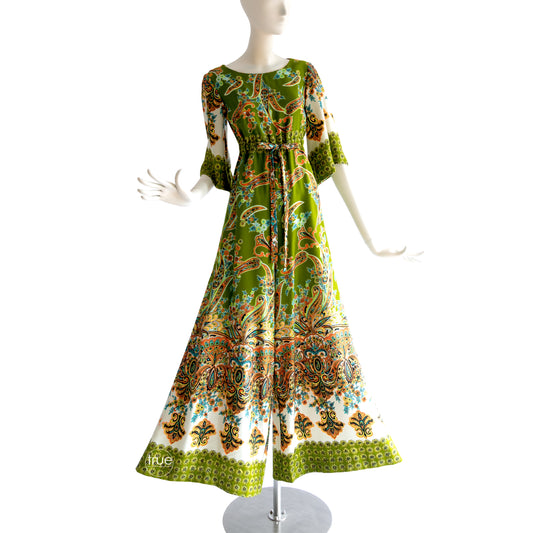 vintage 1970's jumpsuit ...amazing ALEX COLMAN green paisley wide leg jumpsuit