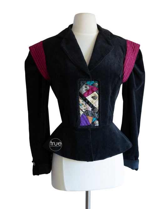 vintage 1970's jacket ...black velvety corduroy crazy quilt prairie jacket