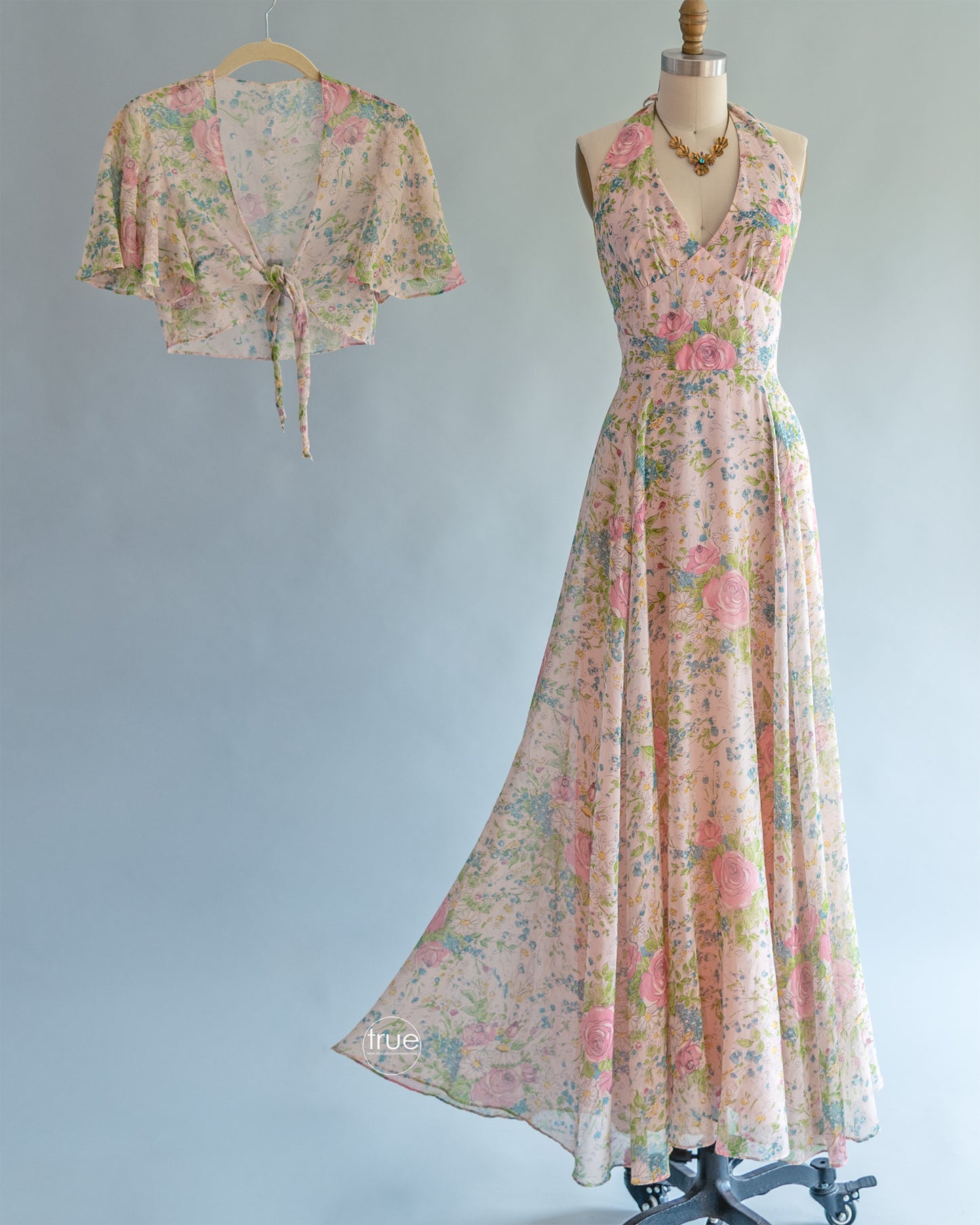 vintage 1970's dress ...the prettiest Arjon California romantic floral gauzy halter floral maxi dress