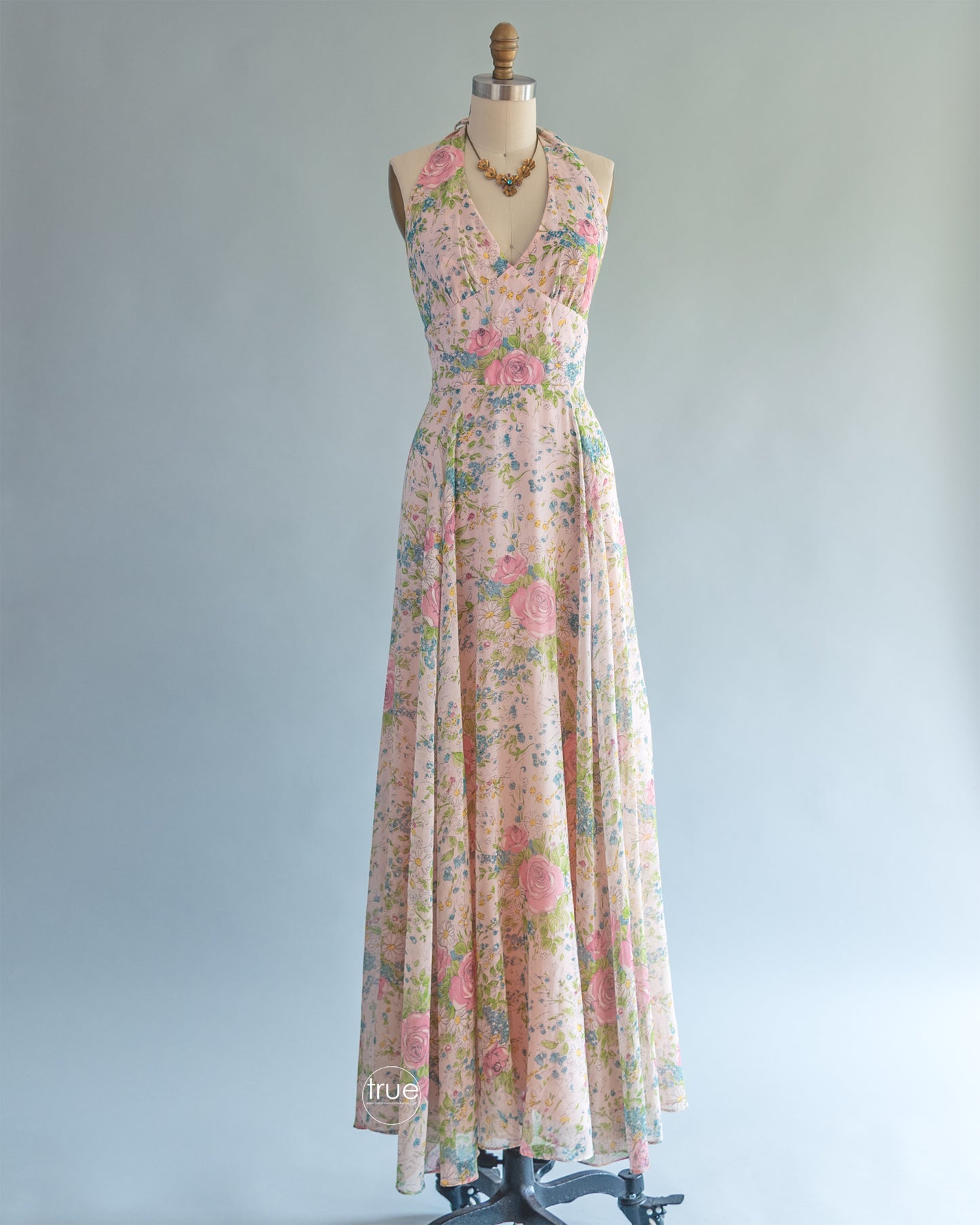 vintage 1970's dress ...the prettiest Arjon California romantic floral gauzy halter floral maxi dress