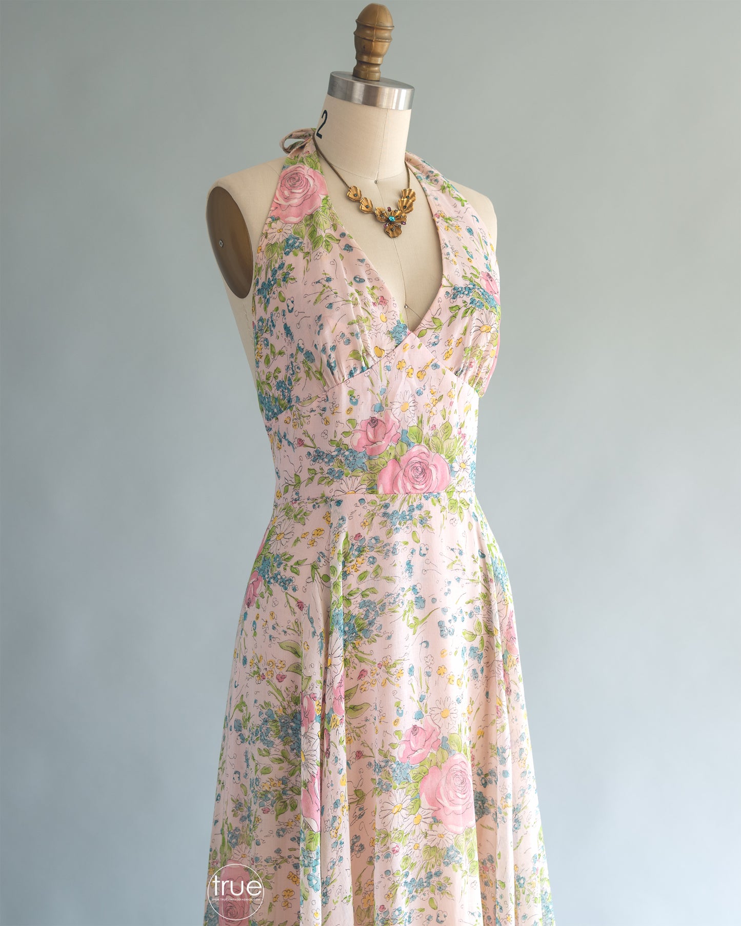 vintage 1970's dress ...the prettiest Arjon California romantic floral gauzy halter floral maxi dress