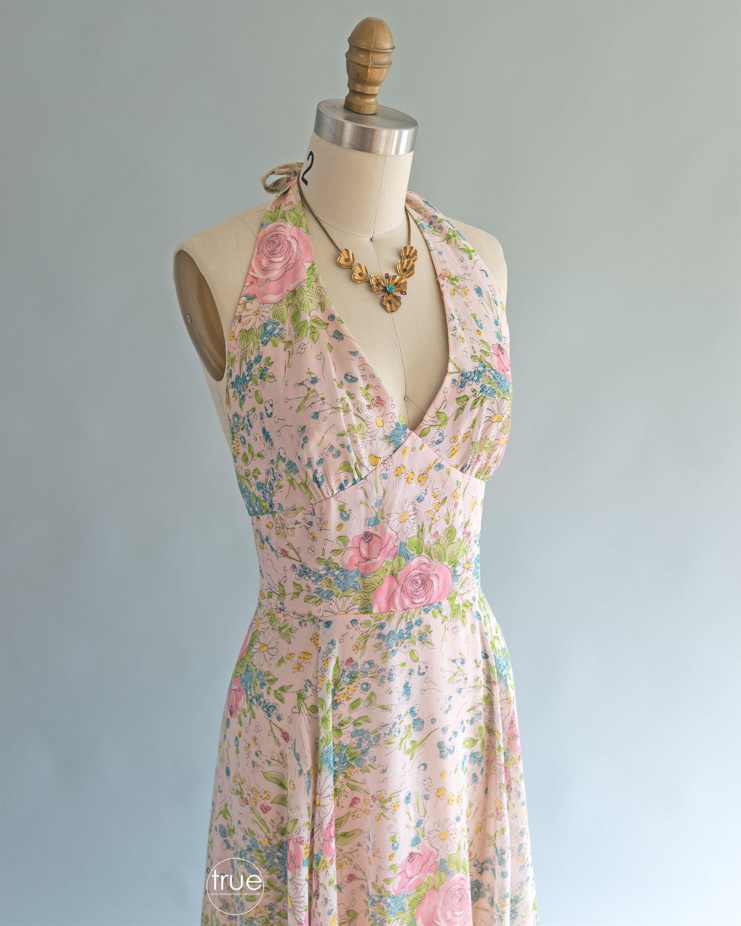 vintage 1970's dress ...the prettiest Arjon California romantic floral gauzy halter floral maxi dress