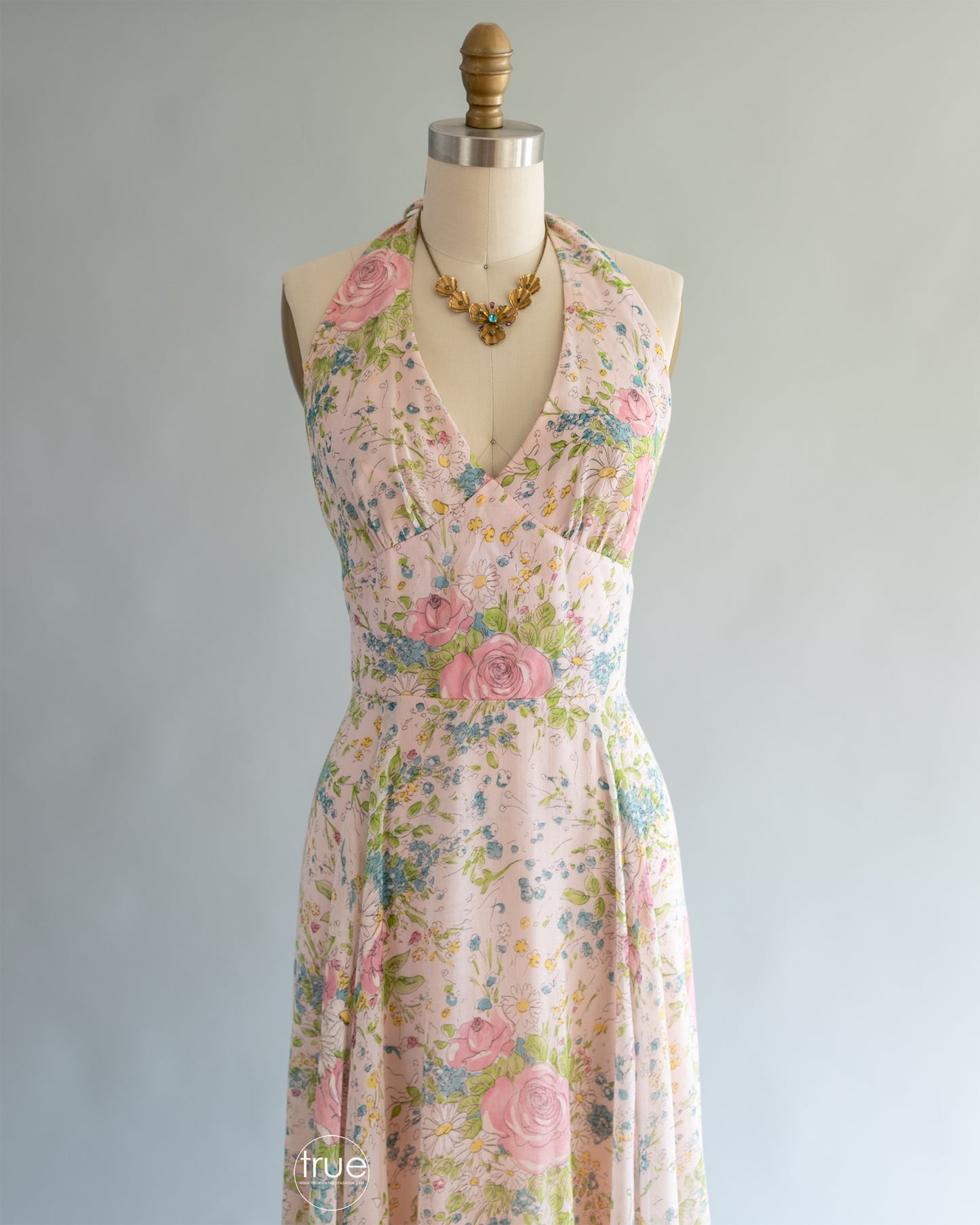 vintage 1970's dress ...the prettiest Arjon California romantic floral gauzy halter floral maxi dress