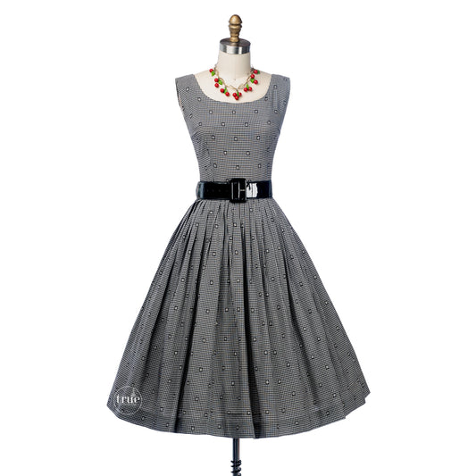 vintage 1950's dress ...classic Black & White Gingham rayon full skirt dress