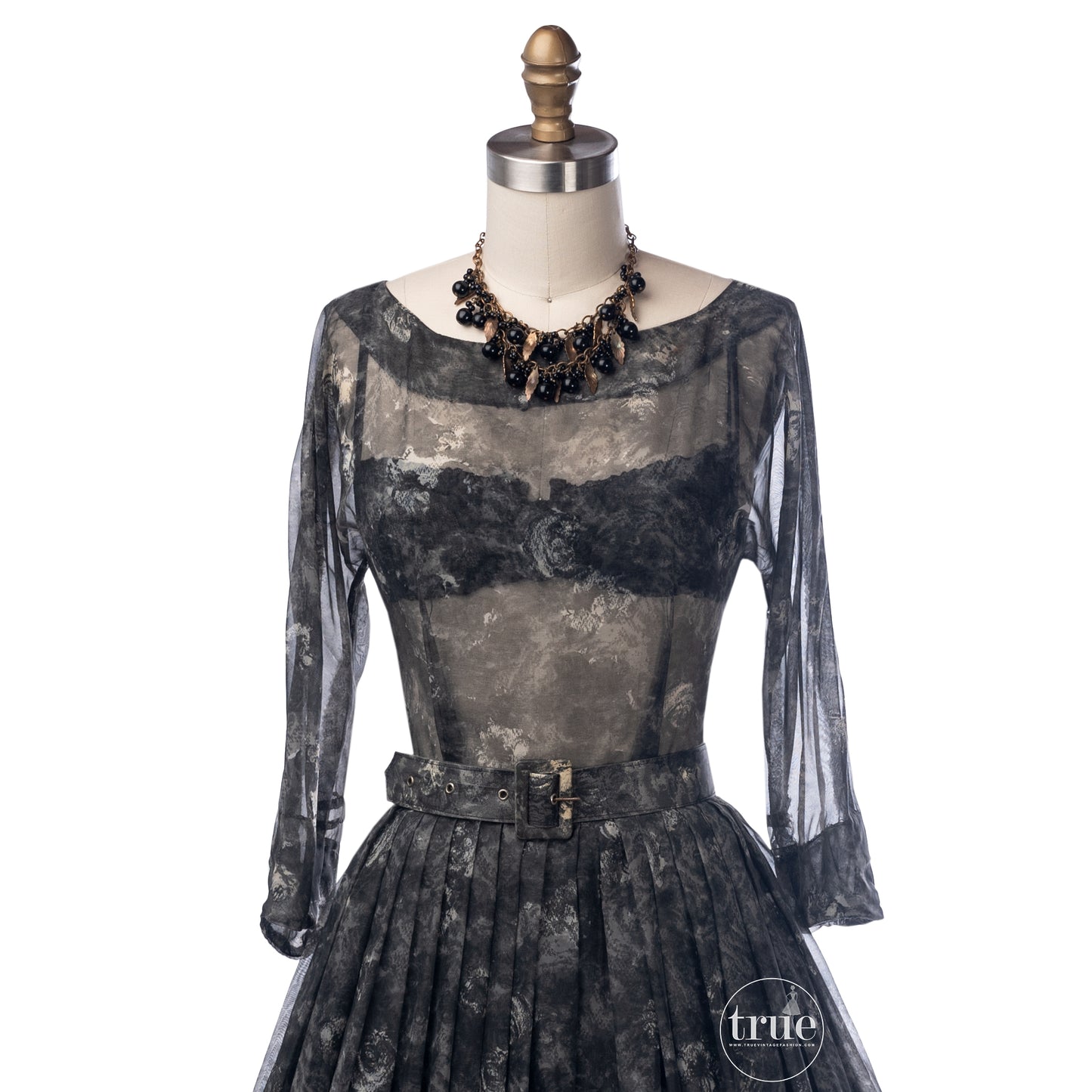 vintage 1950's dress ...pretty sheer rose floral chiffon full skirt party dress