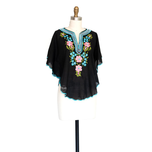 vintage 1970's top ...black floral embroidered poncho top