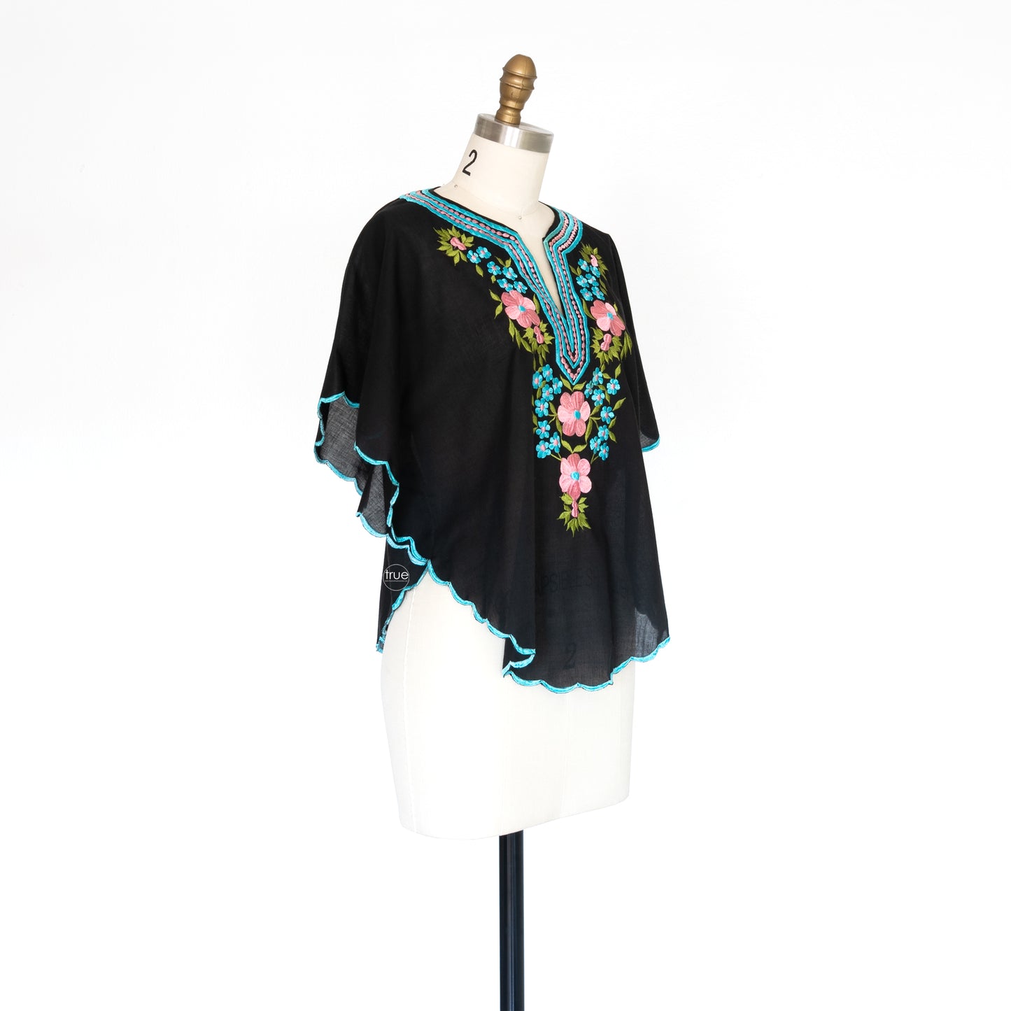 vintage 1970's top ...black floral embroidered poncho top