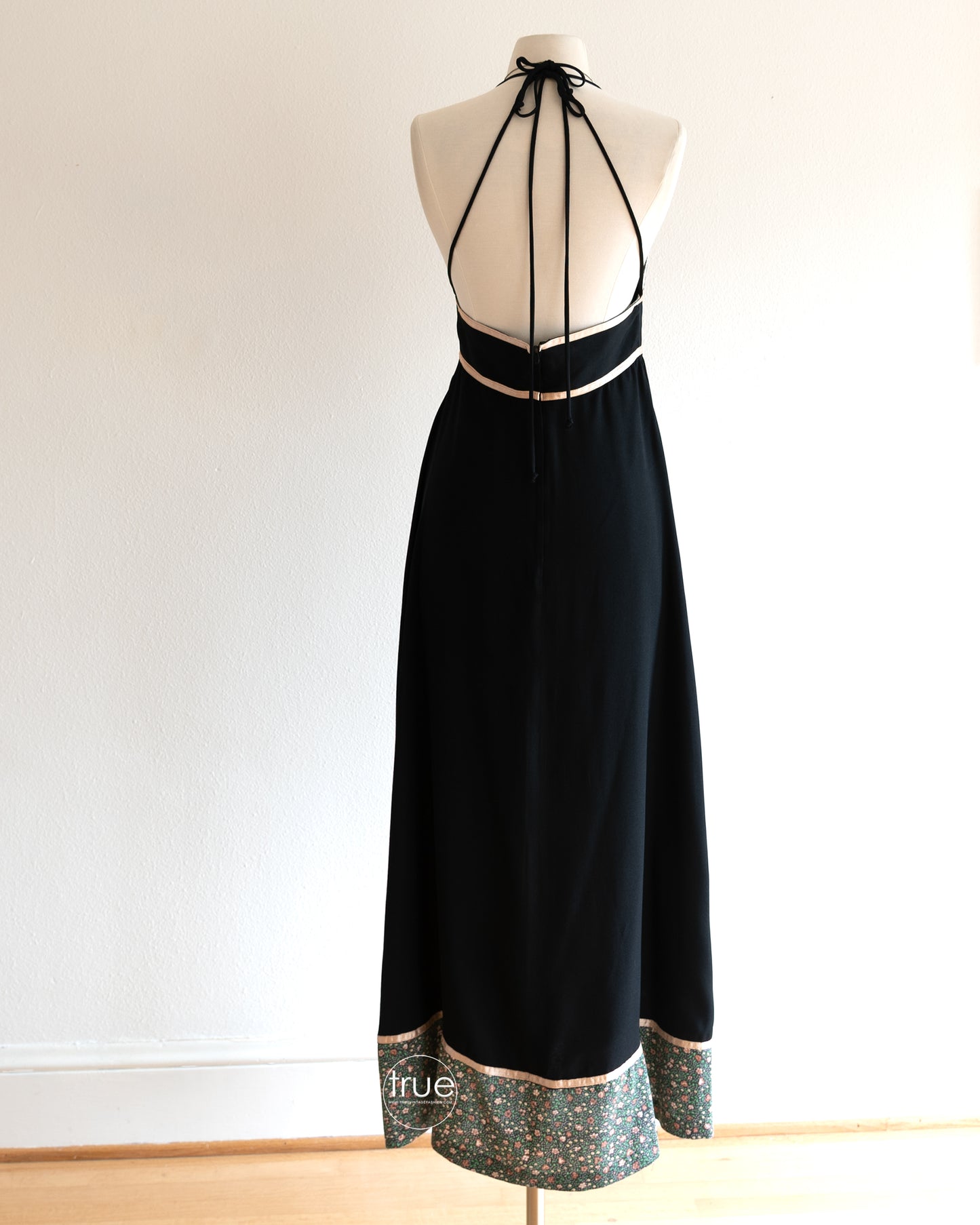vintage 1970's dress ...black Gunne Sax double strap halter midi dress with cotton calico and ribbon trime