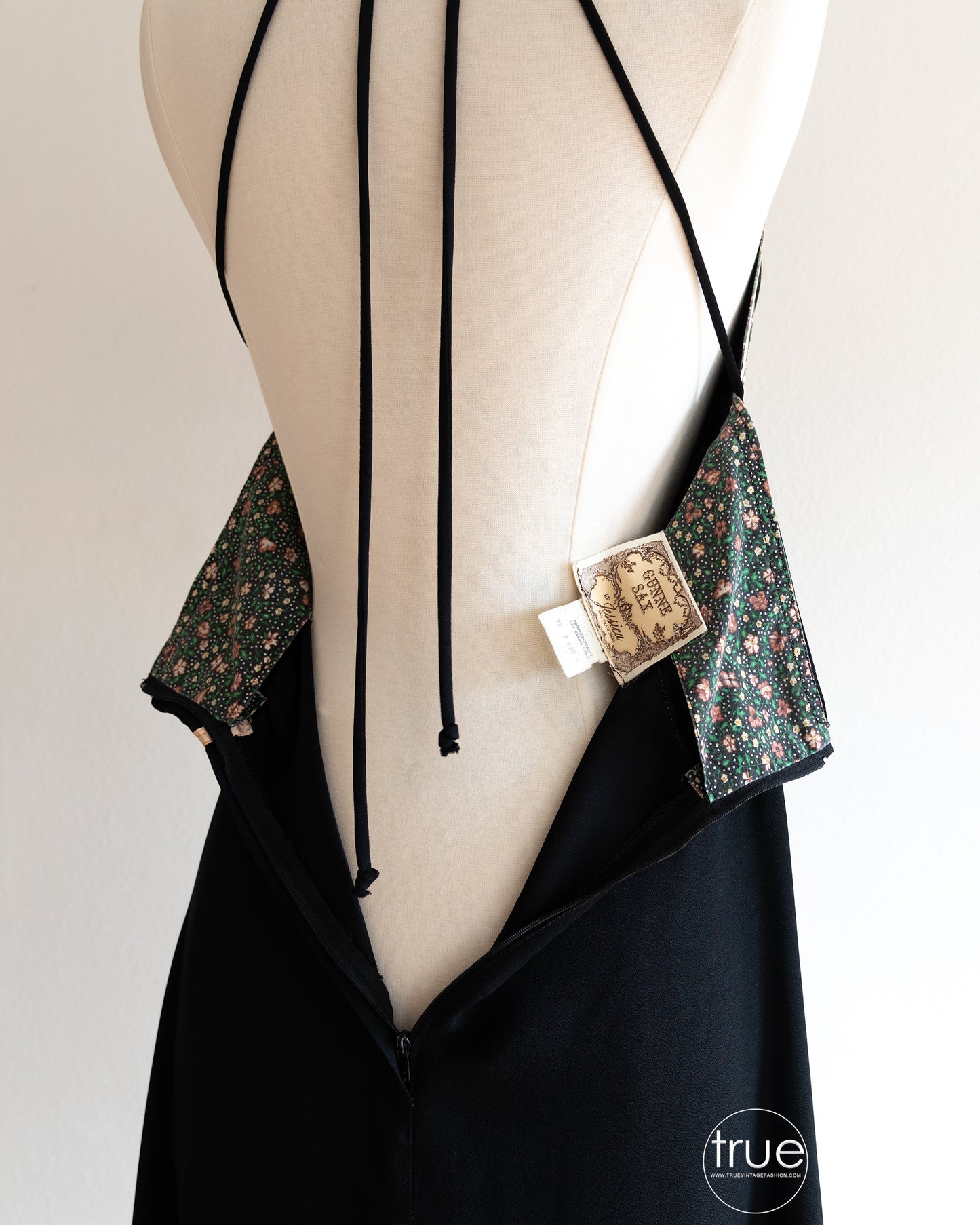vintage 1970's dress ...black Gunne Sax double strap halter midi dress with cotton calico and ribbon trime