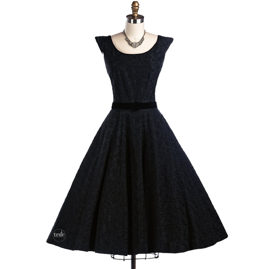 vintage 1950's dress ...pretty black embroidered dress w/ velvet trim