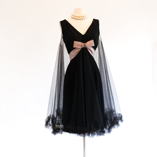 vintage 1950's dress ...so very midge black wiggle dress with tulle trapeze overlay