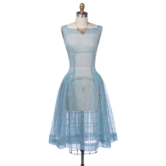 vintage 1940's dress ...breezy blue organza flocked floral wreath dress