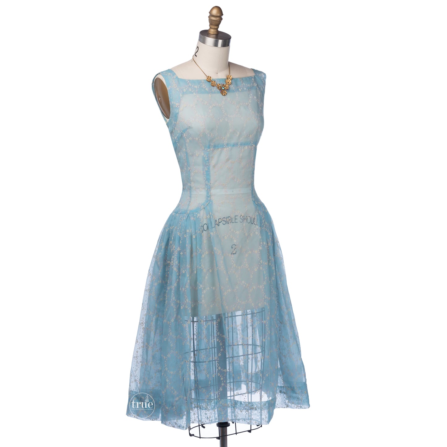 vintage 1940's dress ...breezy blue organza flocked floral wreath dress