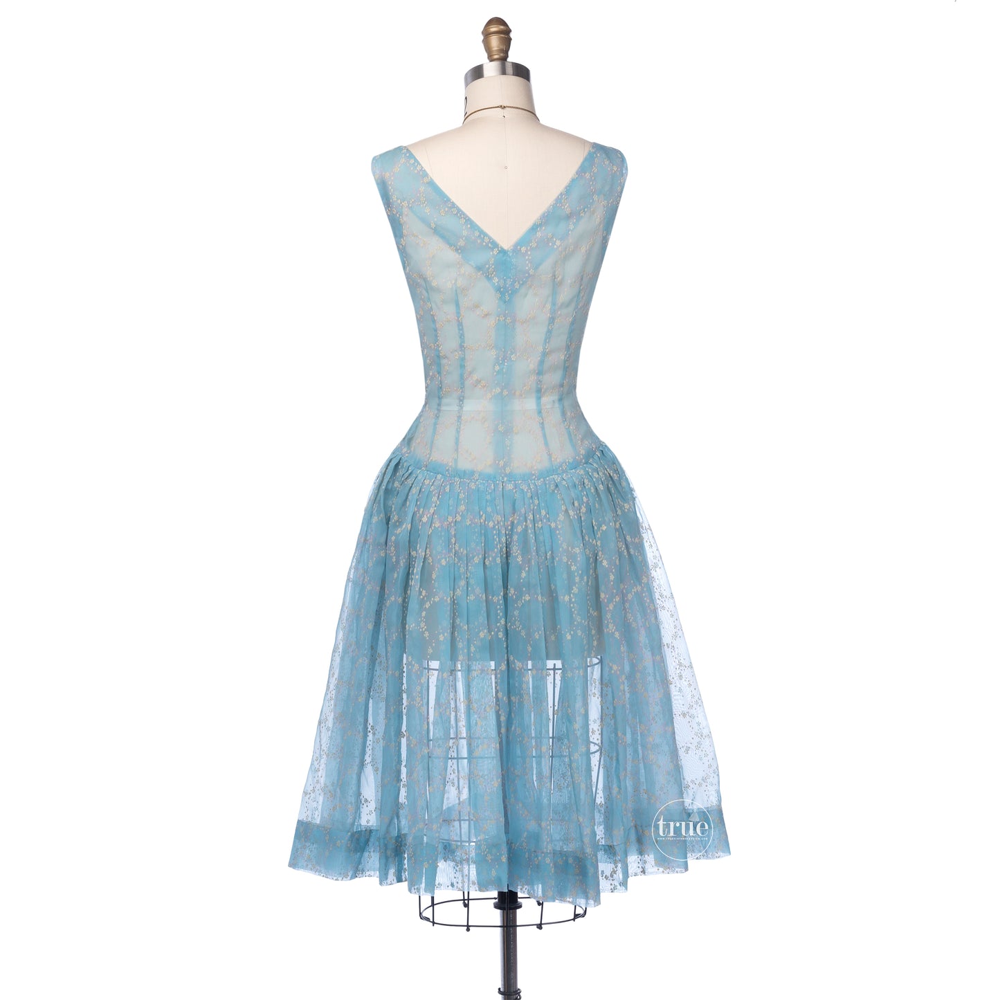 vintage 1940's dress ...breezy blue organza flocked floral wreath dress