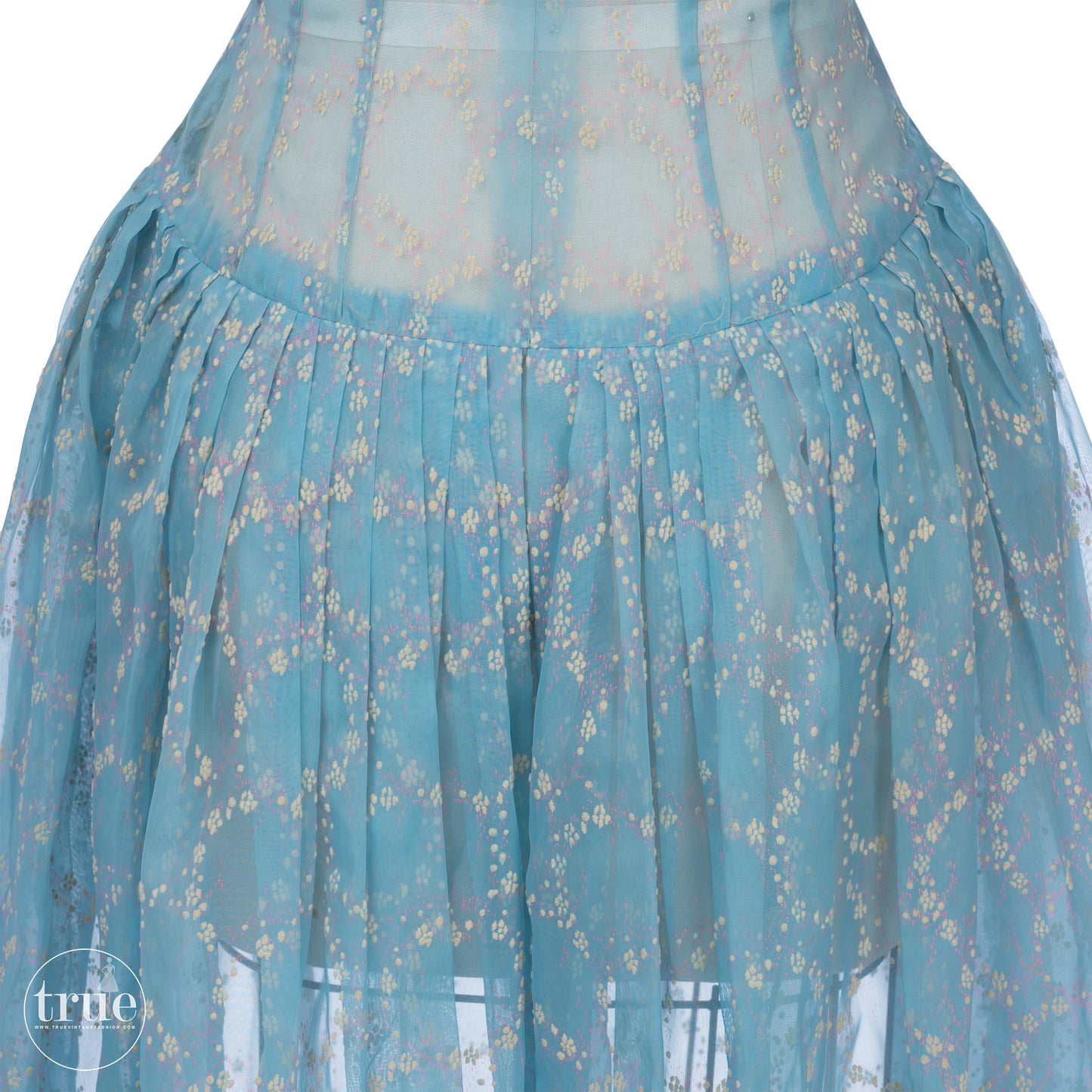 vintage 1940's dress ...breezy blue organza flocked floral wreath dress