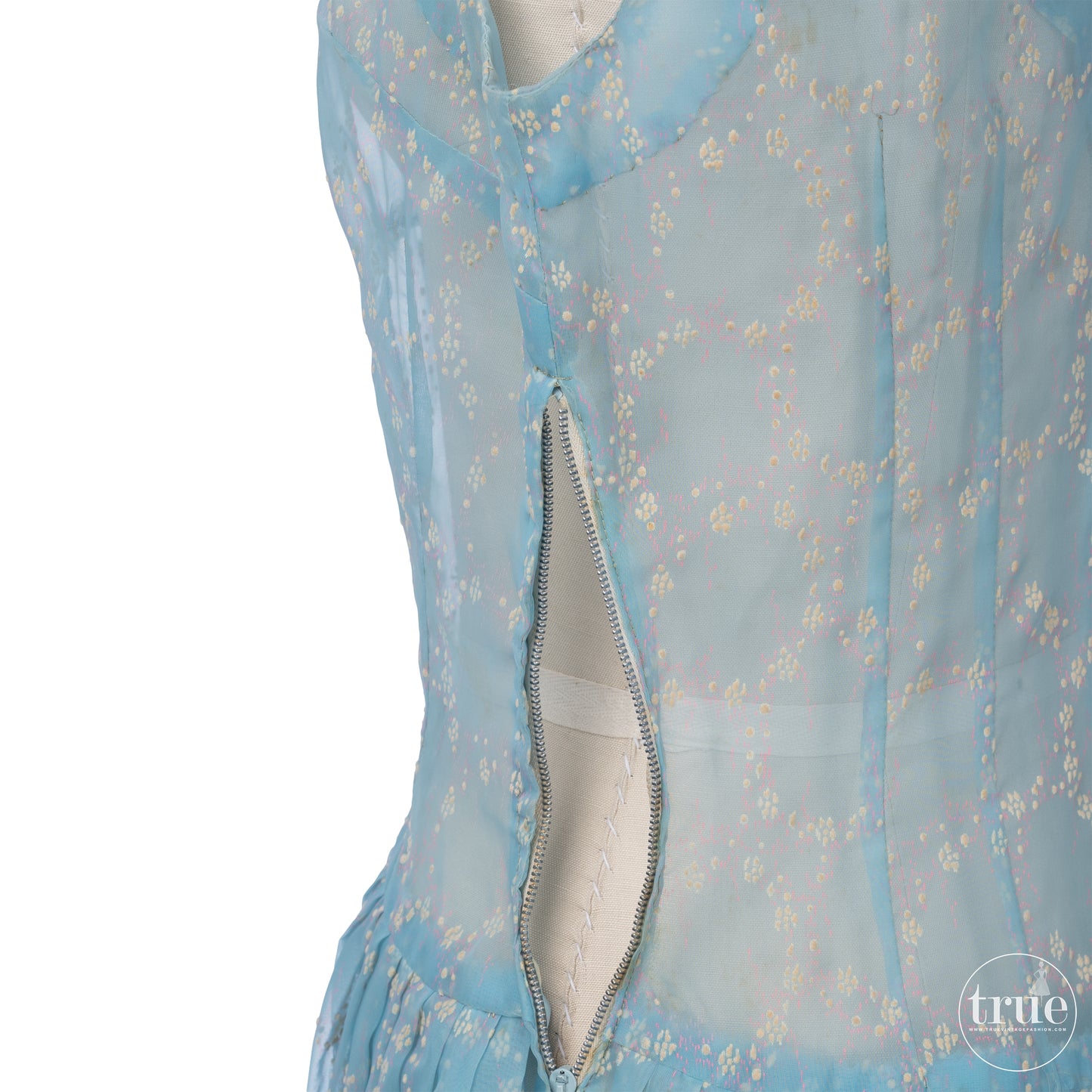 vintage 1940's dress ...breezy blue organza flocked floral wreath dress