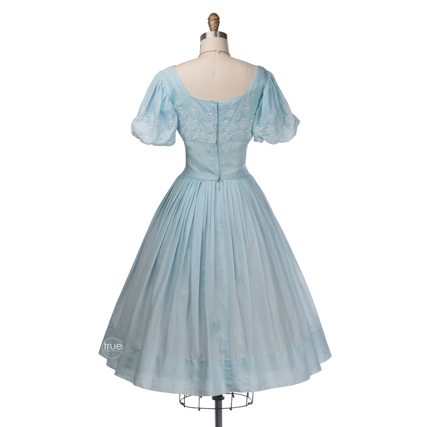 vintage 1950's dress ...sky blue embroidered bubble sleeves dress