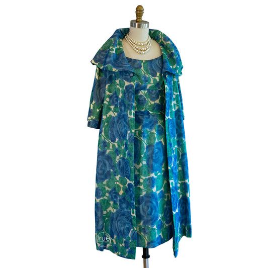 vintage 1950's dress & coat ...gorgeous blue floral wiggle dress & swing coat