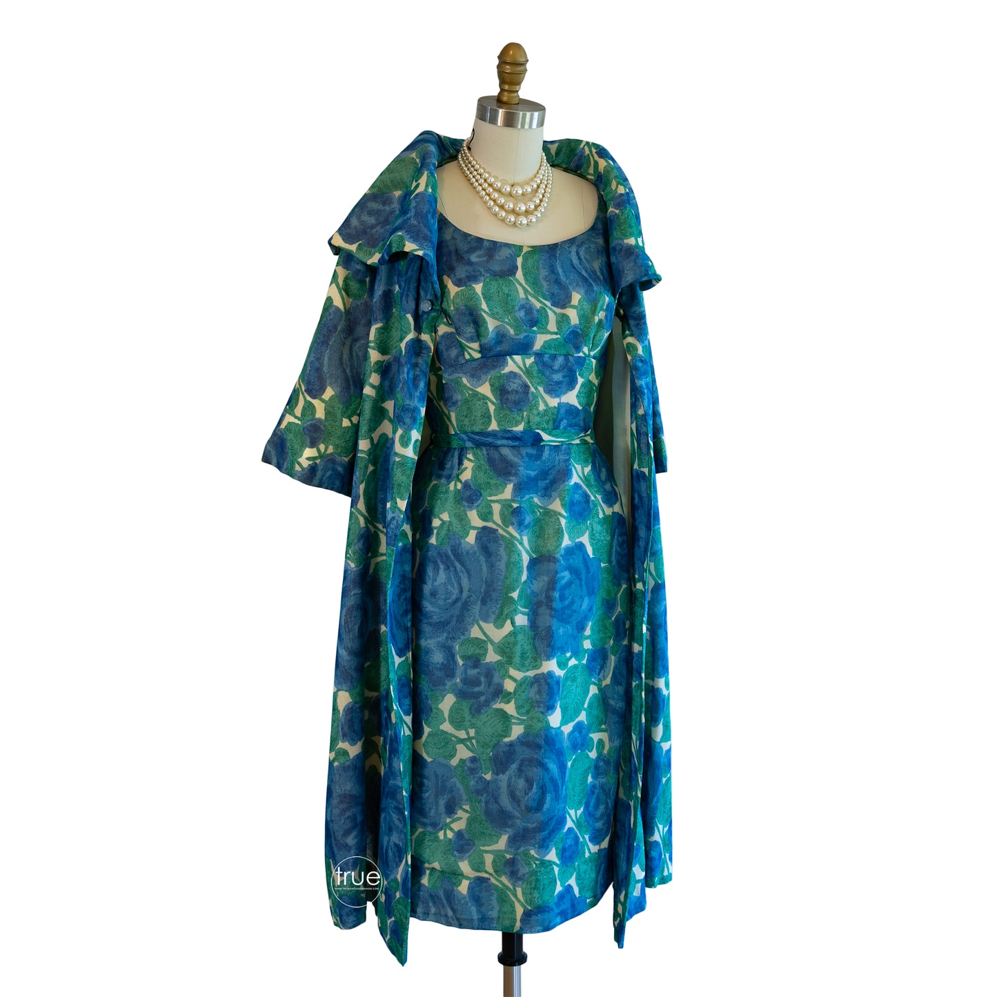 vintage 1950's dress & coat ...gorgeous blue floral wiggle dress & swing coat