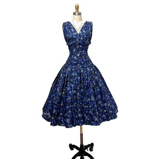 vintage 1950's dress ...gorgeous blue & black floral cotton full CIRCLE skirt