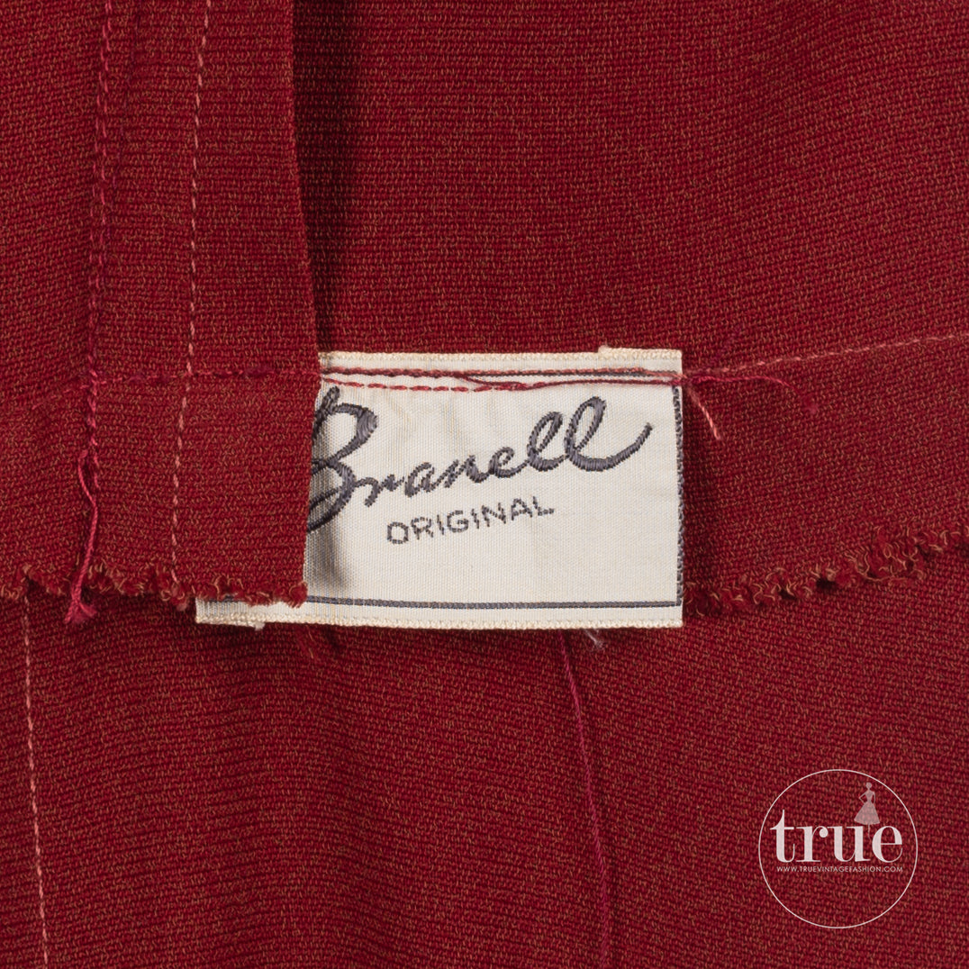 1940's House of Branell cranberry red crepe dress