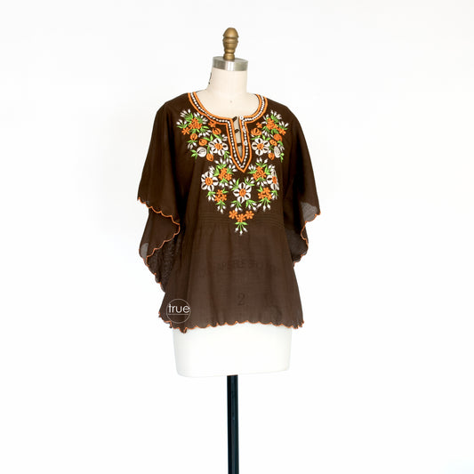 vintage 1970's top ...chocolate floral embroidered poncho top