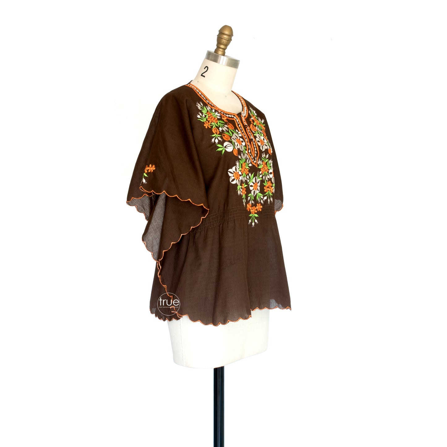 vintage 1970's top ...chocolate floral embroidered poncho top