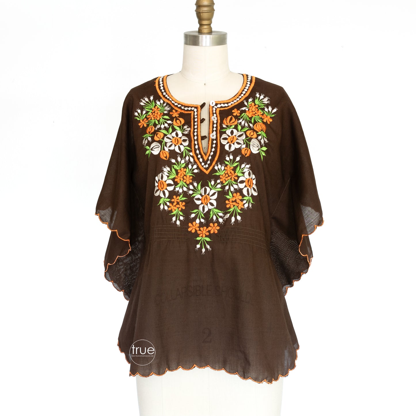 vintage 1970's top ...chocolate floral embroidered poncho top