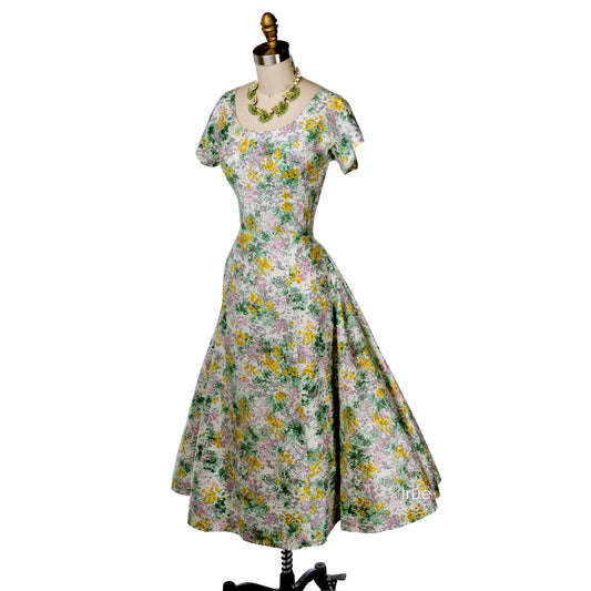 vintage 1950's dress ...gorgeous spring floral polished cotton bustle-back dress