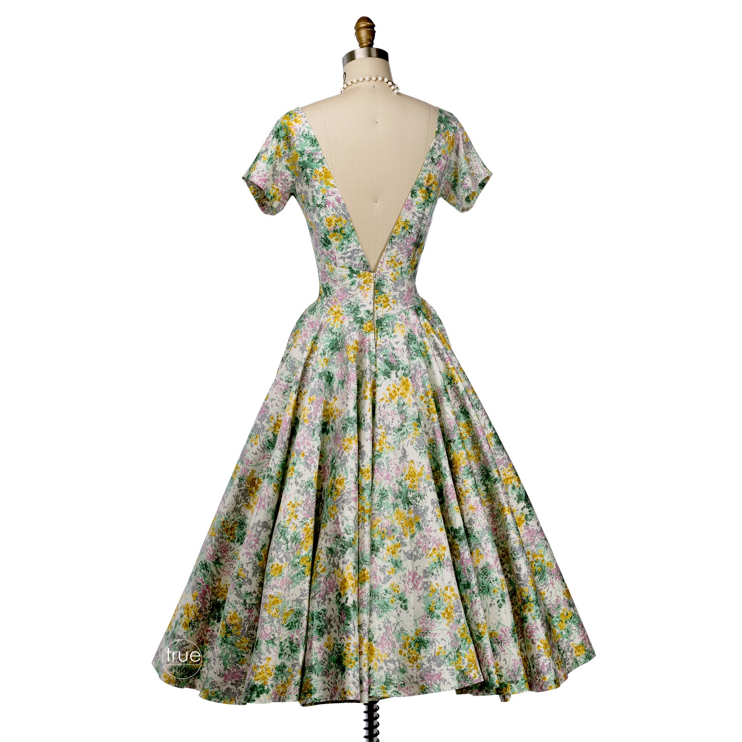 vintage 1950's dress ...gorgeous spring floral polished cotton bustle-back dress