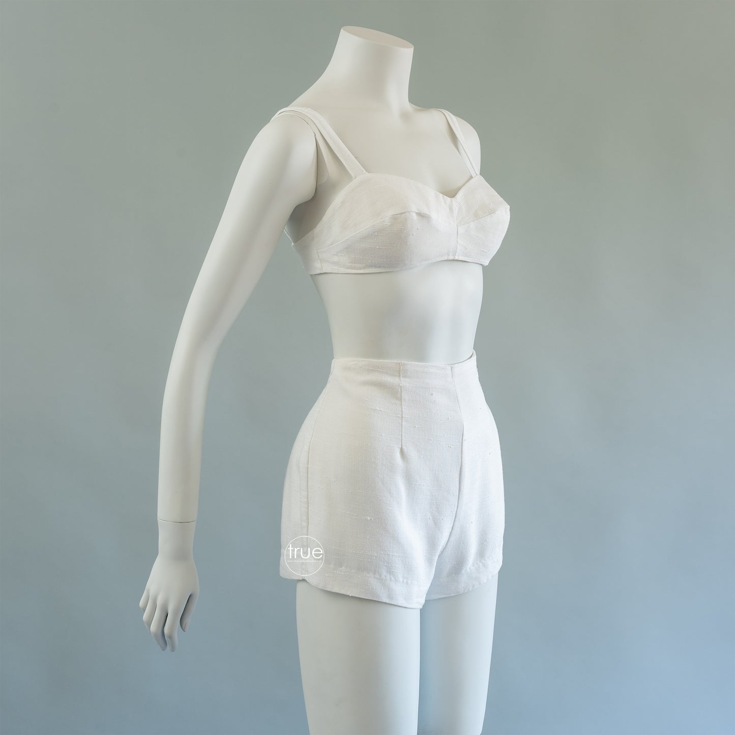 RESERVED vintage 1940's swimsuit playsuit ...rare CALTEX of california white slub booty dip shorts and top