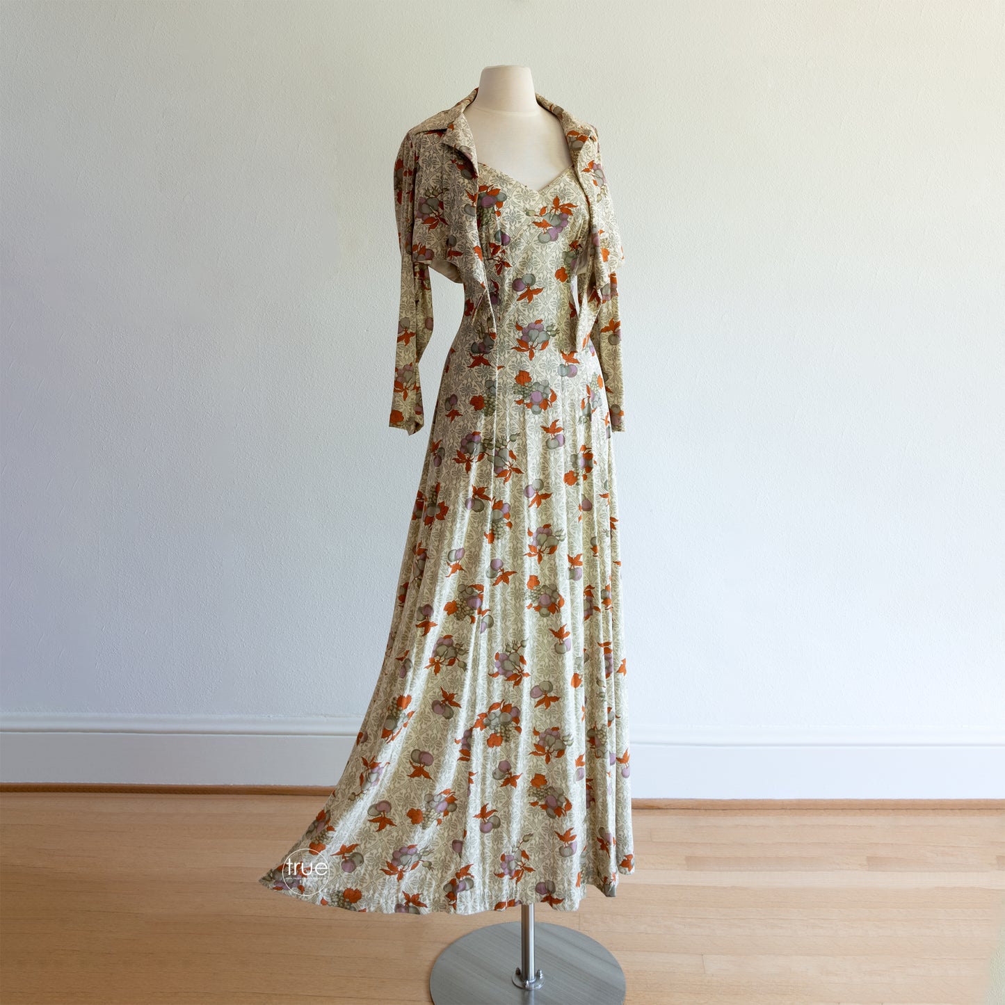 vintage 1960's dress ...gorgeous CALIFORNIA CHARMER by CHARM of Hollywood autumn bounty fruit print maxi dress & jacket